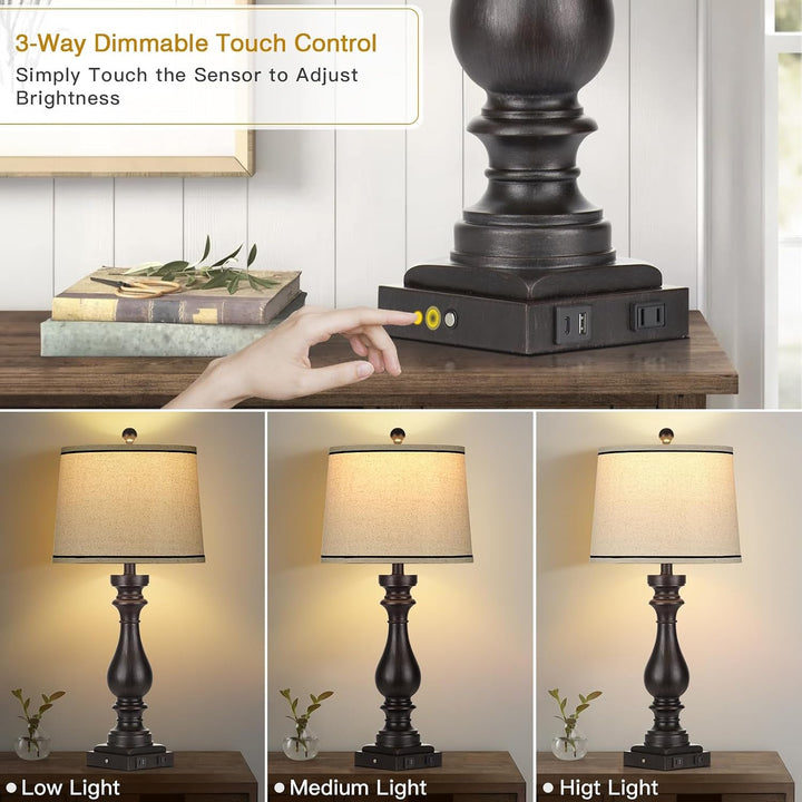 Table Lamps for Living Room,Vintage Bedside Nightstand Bedroom Lamp,Single | USB C+A Ports & AC Outlet,3-Way Dimmable Touch Control,Black,Farmhouse,Retro,29" Tall+2