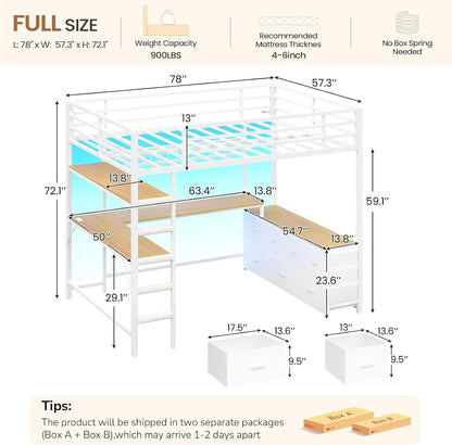 Loft Bed Full Size with U-Shaped Desk,7 Storage Drawers and Charging Station,Metal Full Loft Bed with Led Lights and 2-Tier Storage Shelves,Loft Full Bed with Safety Guardrail and Ladders,White2