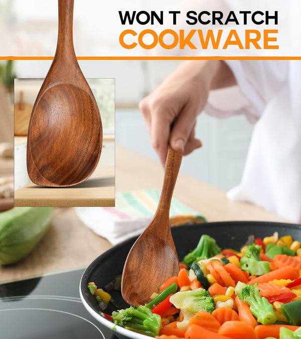Wooden Spoons for Cooking, Natural Premium Teak Wood Corner Spoon, Good Grip Large Wooden Spoons and Wooden Spatula, Heat Resistant Wooden Cooking Utensils for Nonstick Cookware Cooking Gifts4