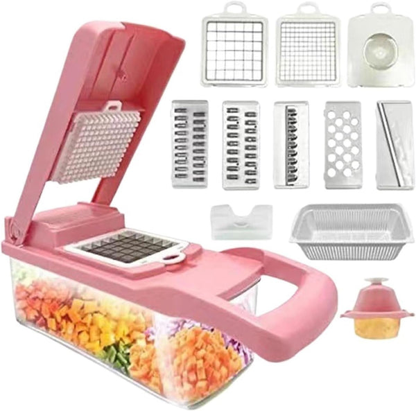 Vegetable Cutter Multifunctional Dicing Blades Slicer Shredder Fruit Peeler Potato Cheese Drain Grater Chopper Kitchen Tools(Pink)1