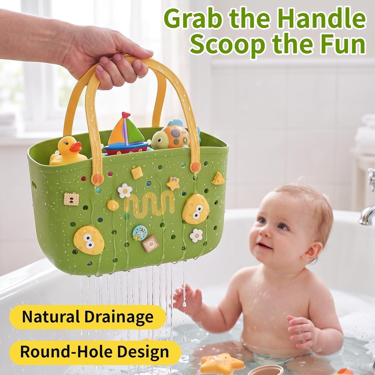 bathtub-toy-storage-bath-toy-basket-with-hooks-handles-quick-drain-green