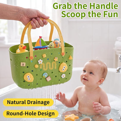 Bathtub Toy Storage Bath Toy Basket with Hooks Handles Quick Drain Green2
