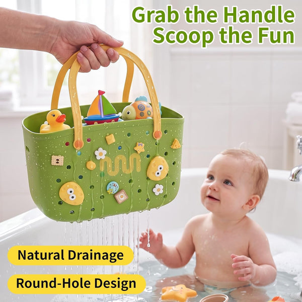 Bathtub Toy Storage Bath Toy Basket with Hooks Handles Quick Drain Green2
