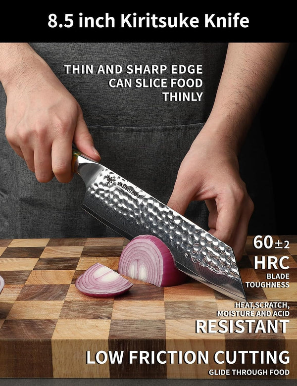 8.5" Kiritsuke Knife - Professional Kitchen Chef Knife - Hammered Damascus Steel & Resin Handle - YAO Series2