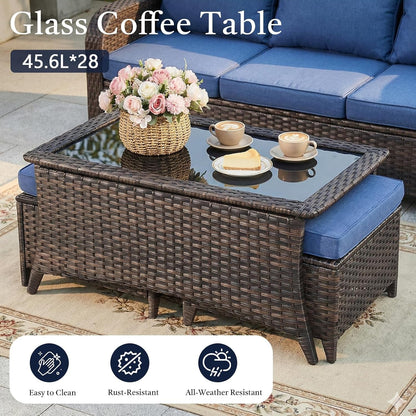 6 Piece High Back Patio Furniture Set - All Weather Patio Conversation Set with 4 Inch Thick Cushions and Deep Seating Swivel Glider Chairs & Outdoor Couch for Porch Deck Yard Pool Brown Blue8