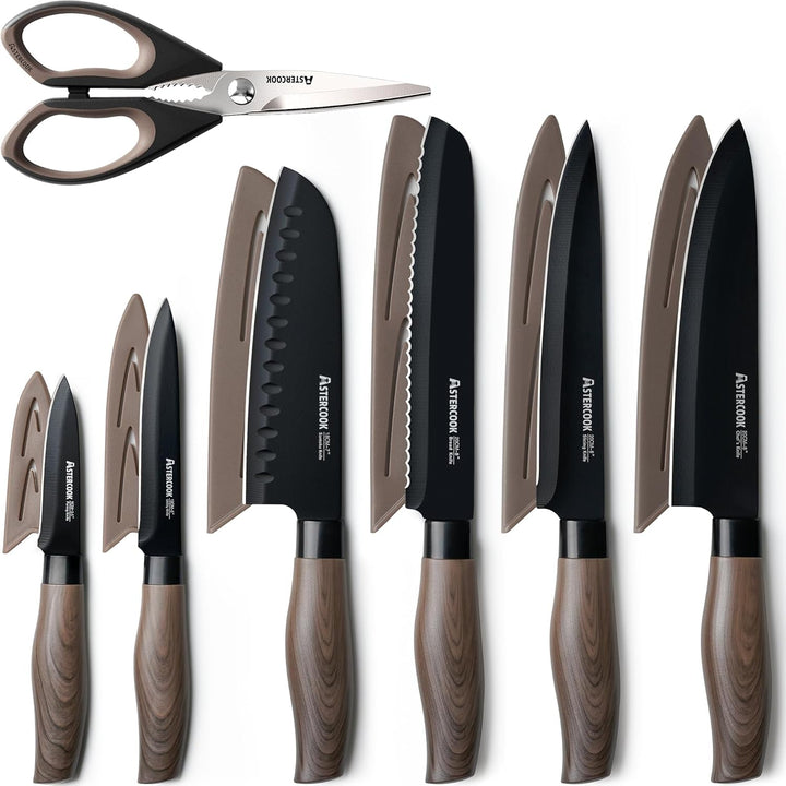 Knife Set, 13-Piece Kitchen Knives Set with 6 Blade Guards, Black Anti-Rust & Non-Stick Coating, Dishwasher Safe Stainless Steel Knives, Ergonomic Handle, Perfect for Holiday Gifts