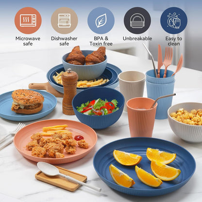 Wheat Straw Dinnerware Sets,64-Piece Black Plates and Bowls Sets for 8-Unbreakable,Reusable Plastic Dish Set-Dinner Plate/Dessert Plate/Cereal Bowl/Cup/Utensils-Microwavable Dishwasher Safe 64P-BLACK7