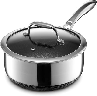 Hexclad 3QT Hybrid Nonstick Saucier with Lid, Induction Ready | Stay-Cool Handles, Dishwasher and Oven Safe up to 900°F, Compatible with All Cooktops1
