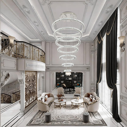 7-Ring Crystal LED Chandelier, 6000K for High Ceilings7