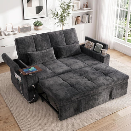 65'' Convertible Sleeper Sofa Bed with Swivel Side Table, Chenille Pull Out Couch for Living Room, Loveseat Sleeper Couch with Hidden Storage Space | Charging Port | Cup Holders, Grey1
