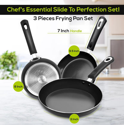 Nonstick Frying Pan Set 3 Piece 8 9.5 11 Inch PFOA Free Grey | Omelette Pan, 3 Piece Skillet Set, Induction Bottom, Cookware, Heat Resistant, Bakelite Handle, Kitchen Use2