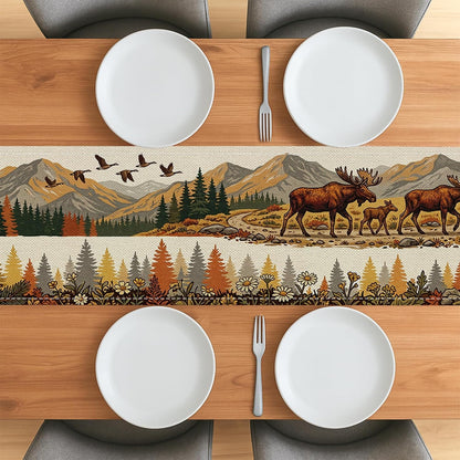 Cabin Fall Moose Deer Table Runner 13X60 Inch for Living Room, Autumn Nature Woodland Wildlife Small Short Dining Linen Table Runner, Hunting Print Decoration for House Kitchen Party1