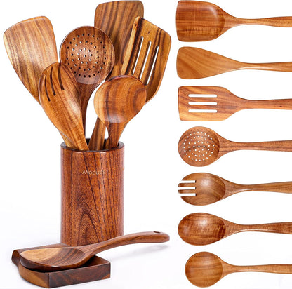 Wooden Kitchen Utensil Set, 9 Piece Natural Teak with Spoon Rest | Wooden Cooking Utensils with Comfort Grip, Smooth Durable Heat Resistant Cooking Spoons and Utensils Holder for Cooking1