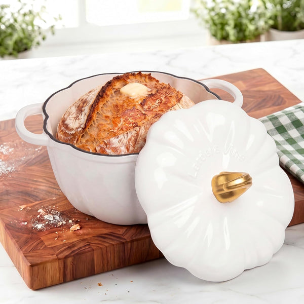 5.5 Qt Pumpkin Enameled Cast Iron Dutch Oven Pot, White | Pumpkin Cocotte for Soups, Stews, Braising & Sourdough Bread Baking. Oven Safe to 500°F. Induction Compatible.8