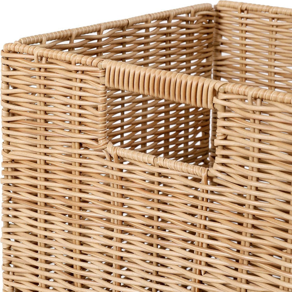 10.5 X 10.5 in Plastic Wicker Baskets for Cube Storage, Collapsible Square Wicker Storage Basket Set of 3, Rattan Storage Cube, Square Baskets for Shelves - Khaki3