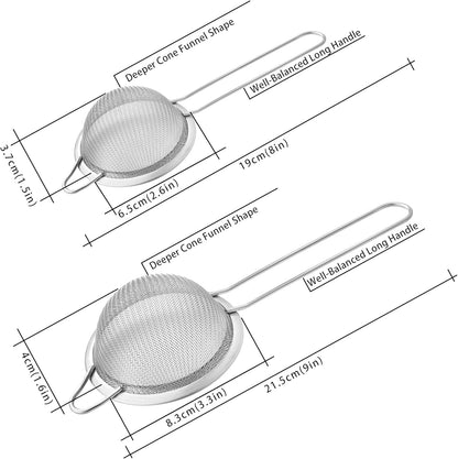 2 Pack Fine Mesh Strainers, Mini Stainless Steel Strainer with Handle for Kitchen, Metal Sieve Sifters for Straining Tea, Matcha, Cocktail, Juice and Coffee (8.6In 7.5In)2