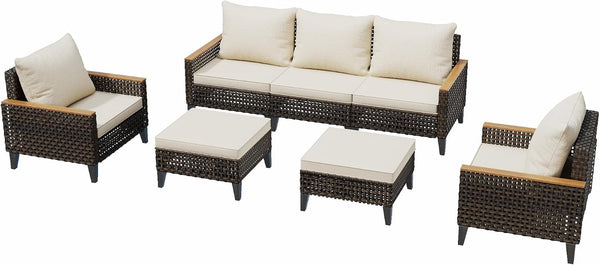 7 Piece Outdoor Patio Furniture Set, Wicker Rattan Sectional Sofa Set with Thick Cushions and High Backrest, All Weather Outdoor Conversation Set for Garden, Porch, Lawn, Poolside, Beige7