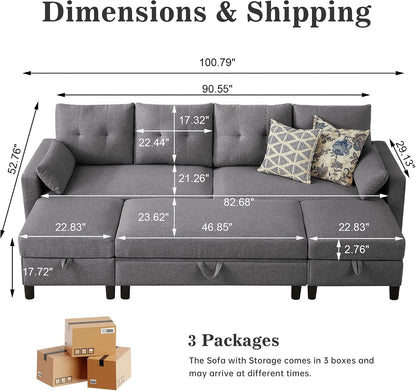 101" Convertible Sectional Sofa with Ottoman Coffee Table, Modern Linen Fabric U-Shaped Couch with Storage Pocket, 4 Seat Sofa Couches for Living Room, Apartment, Office, Lightgrey3