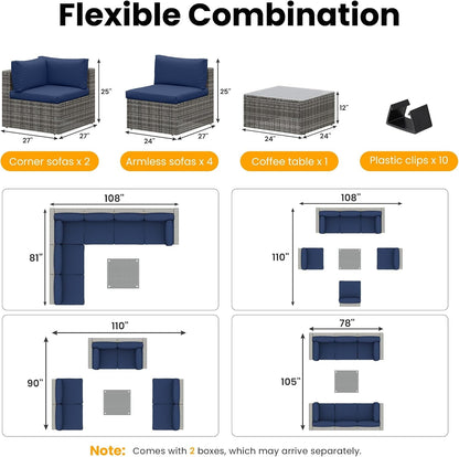 7 Piece Patio Furniture Sets All Weather Gery PE Wicker Couch Sofa with Glass Table, Removable Navy Cushions3