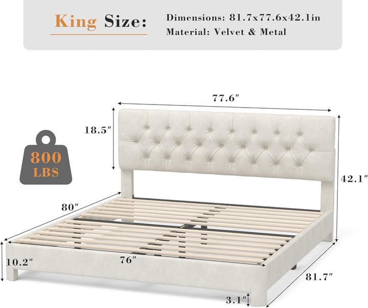 King Size Bed Frame with Headboard, Luxury Velvet Fabric Upholstered Bed Frame with Button Tufted Design, Strong Wooden Slats Support - Low & Sturdy, Noise-Free, No Box Spring, Easy Assembly, Beige+2