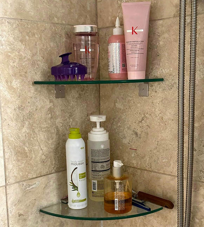 Glass Corner Shower Shelf 2 Pack, 9.5" Tempered Glass Shower Caddy, No-Drill Adhesive or Screw Mount, 22 LB Heavy Duty Bathroom Organizer with Rustproof Aluminum Brackets, Renter Friendly7