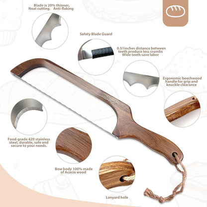 Sourdough Bread Knife, 16" Acacia Wood Slicer for Homemade Bread | Wood Bow with a Serrated Stainless Steel Blade Cuts Even Slices of Crusty Sourdough, Bagels and Baguettes2