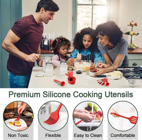 Silicone Cooking Utensils Set, 25 Piece Kitchen Utensils with Holder, Non Toxic Kitchen Tools Spatula, Turner, Spoon, Ladle for Nonstick Cookware, Heat Resistant & Dishwasher Safe - Red5