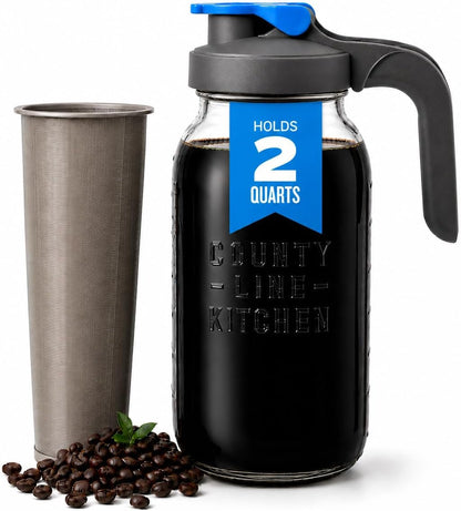 64Oz Cold Brew Coffee Maker with Leak Proof Lid - Gray | Glass Cold Brew Coffee Maker - Wide Mouth Mason Jar, Stainless Steel Filter & Leak-Proof Lid (64 Oz)1