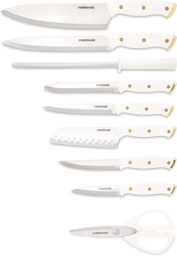 15-Piece Knife Block Set, Triple-Riveted High-Carbon Stainless Steel Kitchen Knives, Razor Sharp Blades, Wood Storage Block, White/Gold2