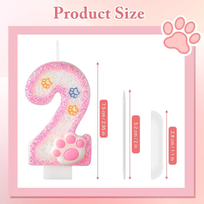 Dog and Cat 2Nd Birthday Candle Pink Numbers 2 Candle Paw Cake Topper Cupcake Decorations for Pet Theme Party Decor Anniversary Celebrations Supplies3