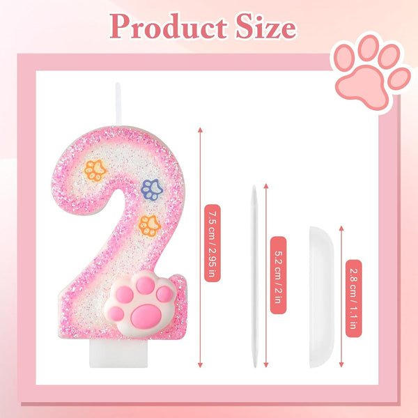 Dog and Cat 2Nd Birthday Candle Pink Numbers 2 Candle Paw Cake Topper Cupcake Decorations for Pet Theme Party Decor Anniversary Celebrations Supplies3