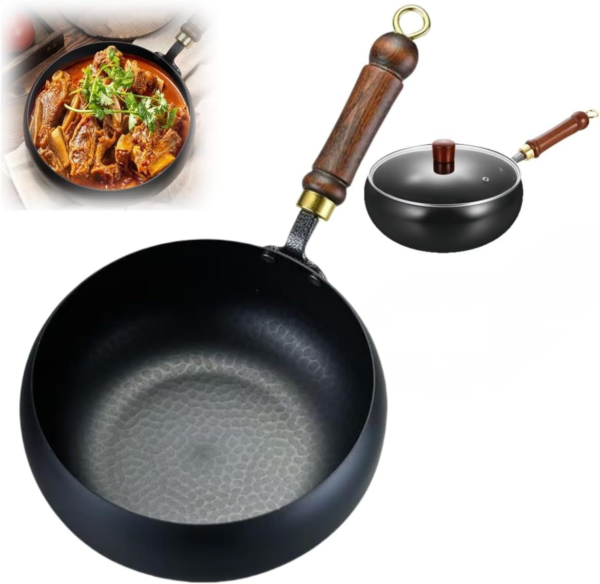 suntuup-japanese-iron-pan-non-stick-iron-pan-hand-forged-flat-bottom-small-wok-rust-free-for-cooker-gas-stir-fry-pans-round-bottom-with-lid-9-4in-hammer-pattern-glass-lid