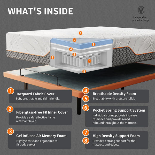 Split King Adjustable Bed Frame with Mattress - 14” Luxury Hybrid Mattress3
