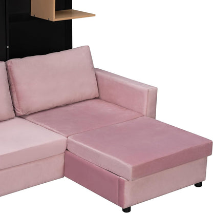 Queen Murphy Bed with Couch and Storage Shelves & Cabinets,Solid Wood Folding Murphy Wall Bed Cabinet with Sofa for Adults,Bedroom,Office,Space Saving (Black+Pink Sofa6)8