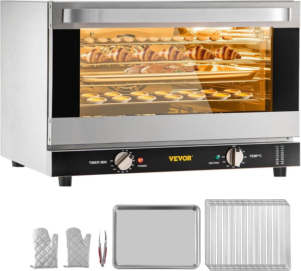 Commercial Convection Oven, 47L/43Qt, Half-Size Conventional Oven Countertop, 1600W 4-Tier Toaster W/Front Glass Door, Electric Baking Oven W/Trays Wire Racks Clip Gloves, 120V | for Restaurant Bakery, 1600W 4-Tier Countertop Electric Toaster, with Front Glass Door, Trays, Wire Racks, Clip Gloves, 120V1