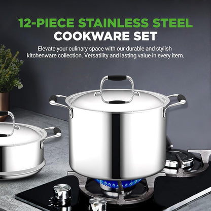 12-Piece Stainless Steel Kitchenware - Pots & Pans Set Clad Kitchen Cookware W/ Silicone Grip Handles, Fry Pan Interior Coated W/ Prestige Ceramic Non-Stick Coating, Stylish Kitchen Cookware2