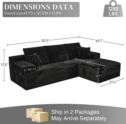 108" Boneless Couches for Living Room, L Shaped Comfy Cloud Modular Sectional Memory Foam Deep Seat Boneless Couch, No Assembly Required Boneless Sofa for Living Room with Right Facing Chaise, Black2