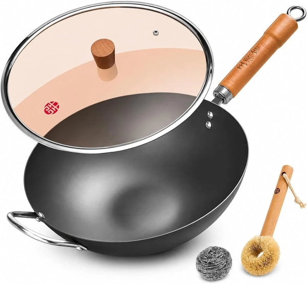 12.6 Inch Carbon Steel Wok with Lid, Flat Bottom Wok Pan for Induction, Electric and Gas Stoves, Uncoated Chinese Stir Fry Pan with Wooden Handle1
