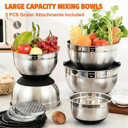 Thickened Heavy-Duty 26Pcs Stainless Steel Bowl, Mixing Bowl Set with Lid, Grater Attachment, Non-Slip Bottom and Kitchen Gadget Set, Sizes 7, 4, 2.5, 2.0, 1.5, 1QT, Ideal for Mixing and Serving3