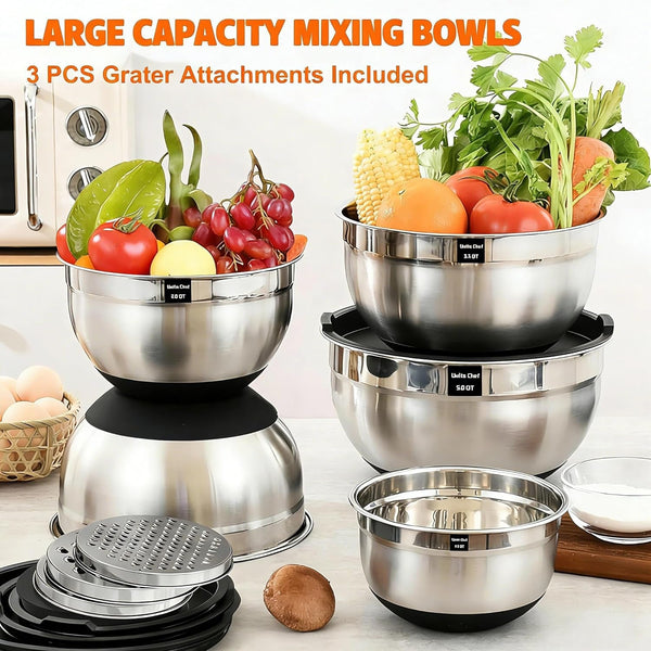 Thickened Heavy-Duty 26Pcs Stainless Steel Bowl, Mixing Bowl Set with Lid, Grater Attachment, Non-Slip Bottom and Kitchen Gadget Set, Sizes 7, 4, 2.5, 2.0, 1.5, 1QT, Ideal for Mixing and Serving3