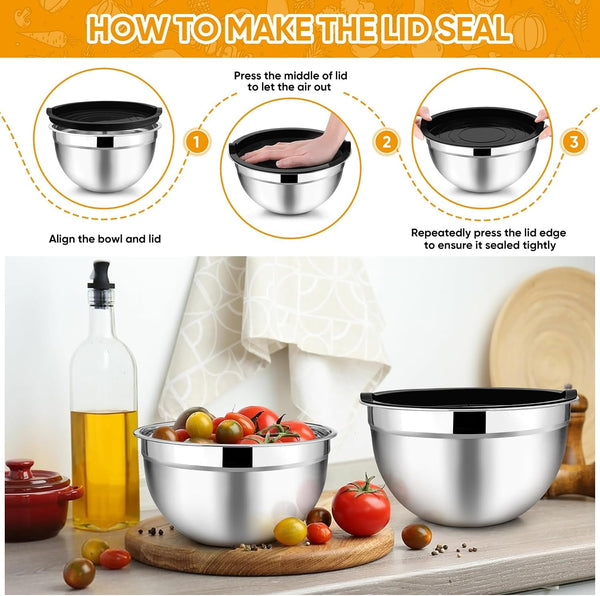 Mixing Bowls Set of 5, Stainless Steel Metal Salad Bowls with Lids6