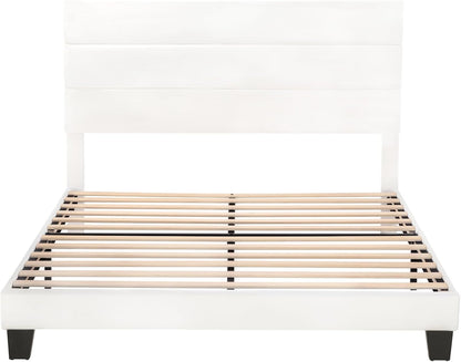 Full Platform Bed Frame with Upholstered Velvet Headboard, White9