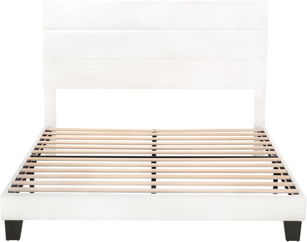 Full Platform Bed Frame with Upholstered Velvet Headboard, White9