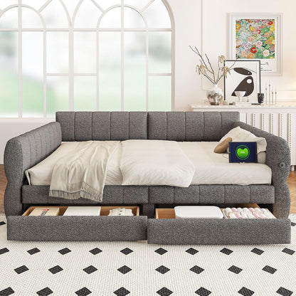 King Daybed with USB, King Corner Bed, Upholstered Bed Frame with 2 Drawers for Kids,Teens,Adults, Lambswool, Gray4