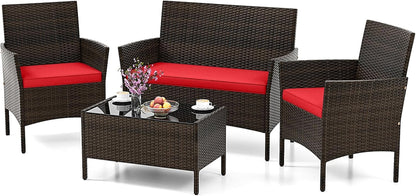 4 Pieces Patio Furniture Set Outdoor Rattan Conversation Set, Wicker Loveseat & Chairs with Tempered Glass Coffee Table, Sectional Sofa Set for Backyard Garden Poolside1