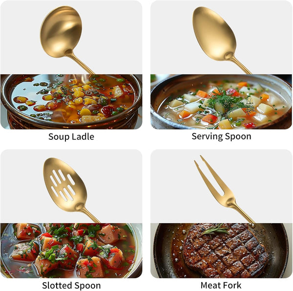 304 Stainlss Steel Matte Kitchen Utensils Set, 11 Pcs Long Metal Cooking Utensil Gadgets Tools Set with Spatula, Spoon, Ladle, Skimmer, Tunner, Pasta Server, Tongs(Gold, Dishwasher Safe)4