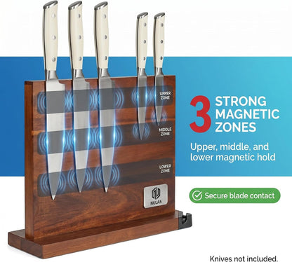 Magnetic Knife Block with Built-In Sharpener, Double-Sided Countertop Magnetic Knife Holder, Holds up to 12 Knives & Metal Kitchen Tools, Brown3