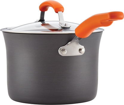 Brights Hard-Anodized Aluminum Nonstick Cookware Set with Glass Lids, 10-Piece Pot and Pan Set, Gray with Orange Handles12