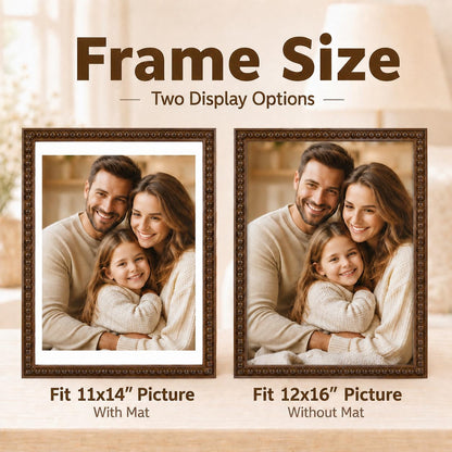 Solid Wood 12X16 Picture Frame Beaded Frame with 11X14 Mat, Rustic Vintage 12 by 16 Photo Frame Matted with Plexiglass for Wall Display, Brown3