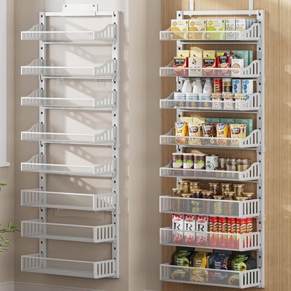 over the Door Pantry Organizer 8-Tier, Large Metal Door Spice Rack with Adjustable Basket, 2 in 1 Wall Mount or Hanging Heavy-Duty Pantry Door Storage Shelf for Kitchen and Bathroom, White1
